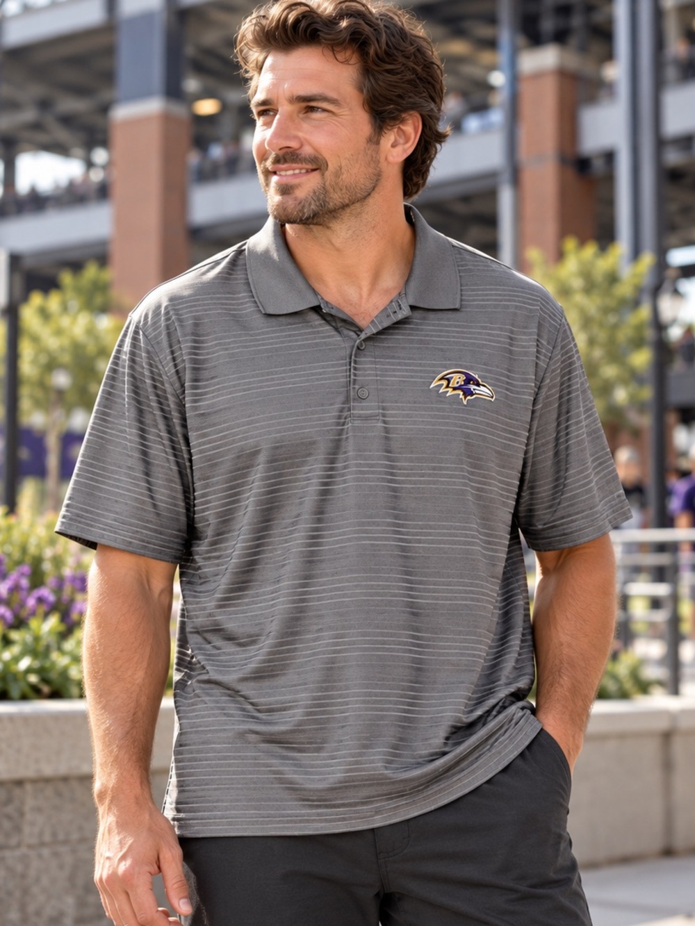 Baltimore Ravens NFL Team Apparel TX3 Cool Gray Striped Polo Men’s Size XL EUC